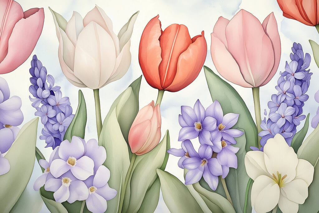 Tulpen tussen paarse bloemen — volledig ontwerp