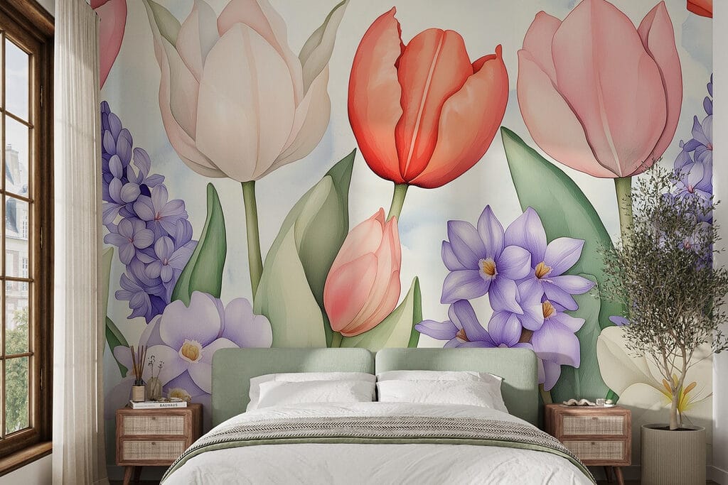 Tulpen tussen paarse bloemen — interieur 1