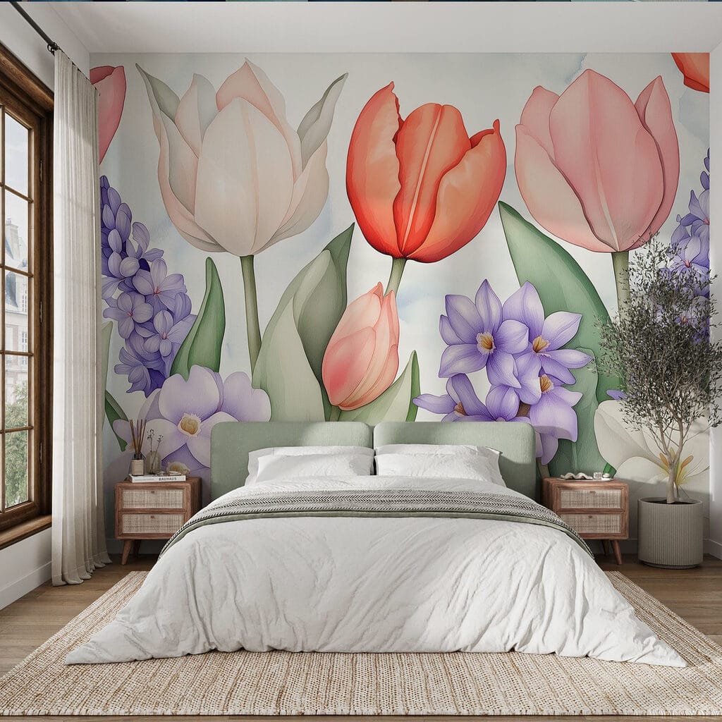 Tulpen tussen paarse bloemen — interieur 2