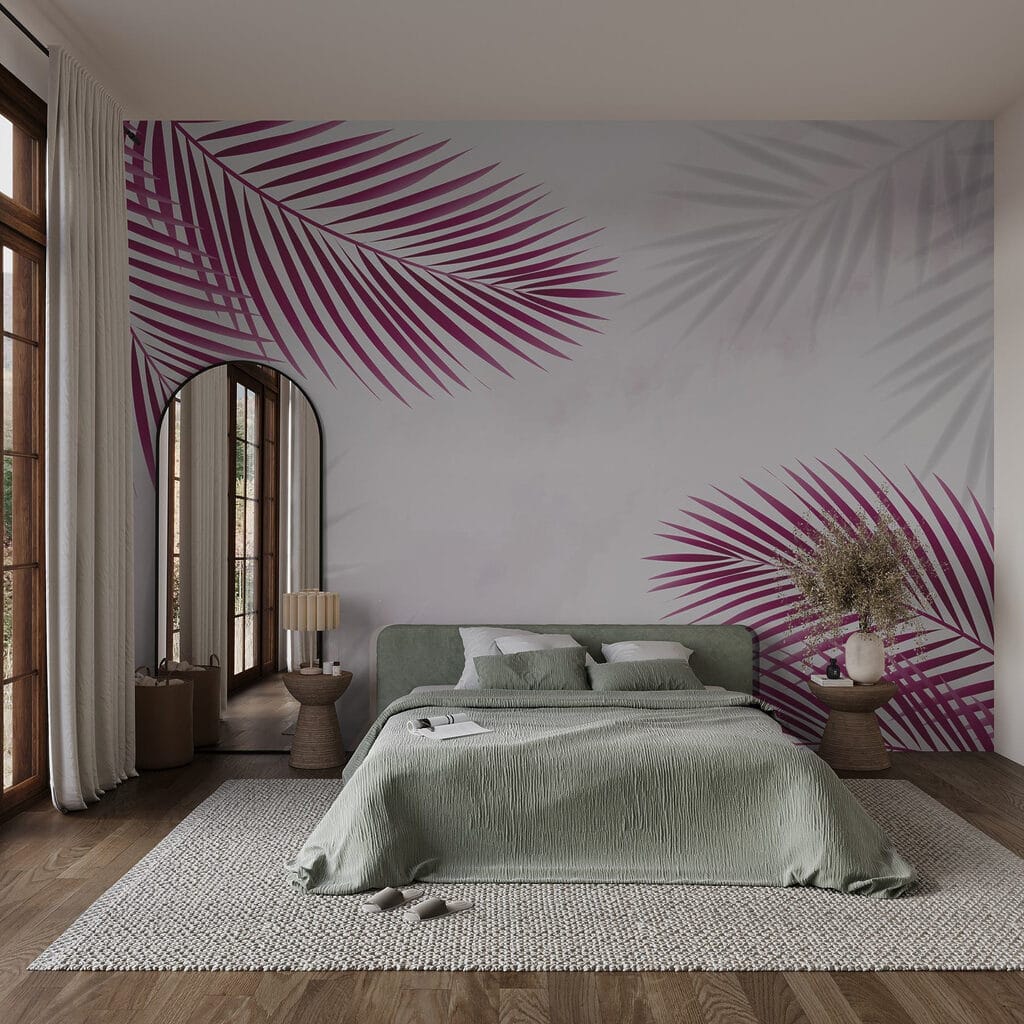 Paarse bladeren op een witte achtergrond in een interieur