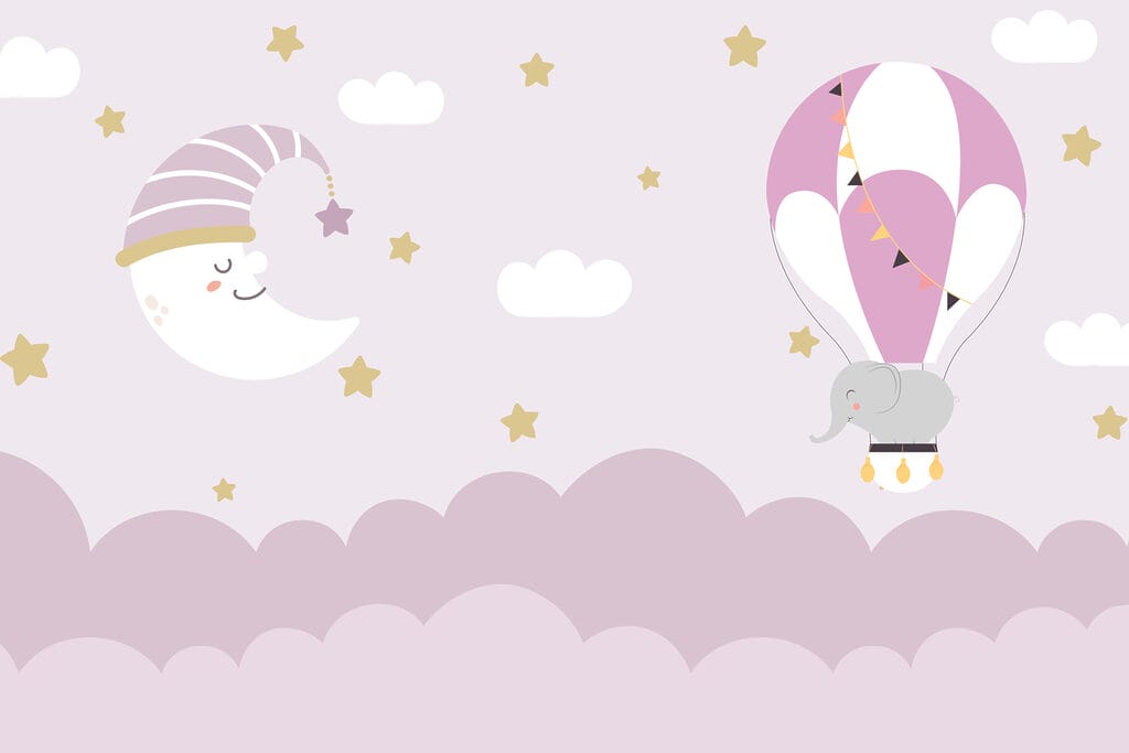 Beeldverhaal olifant en maan in een ballon — volledig ontwerp