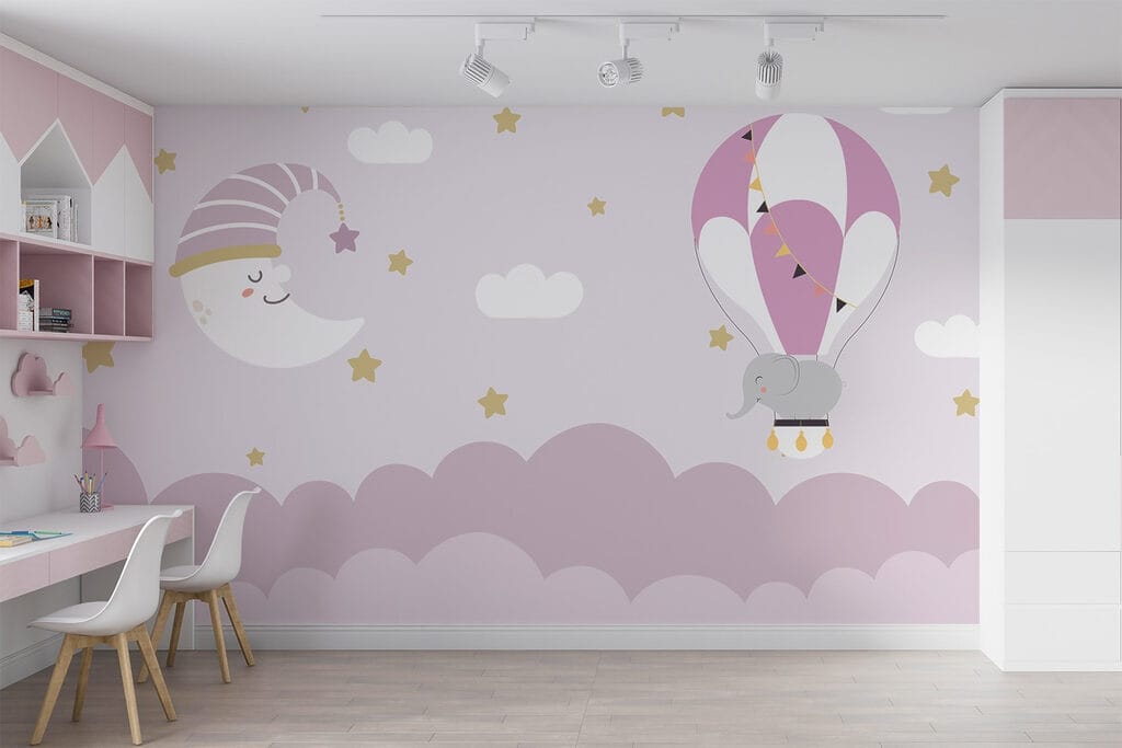 Beeldverhaal olifant en maan in een ballon in een interieur