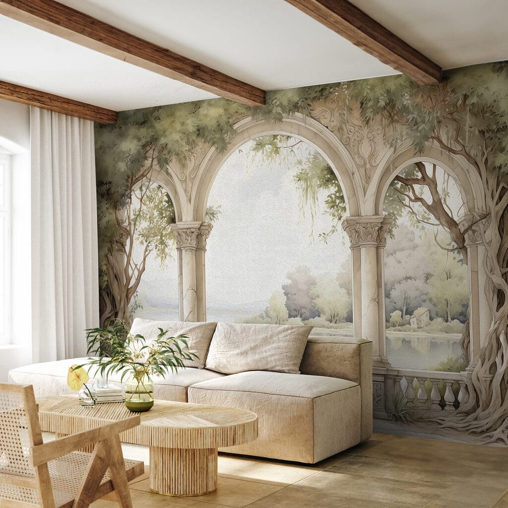 Aquarel schilderij van een stenen boog met bomen en een meer in een interieur
