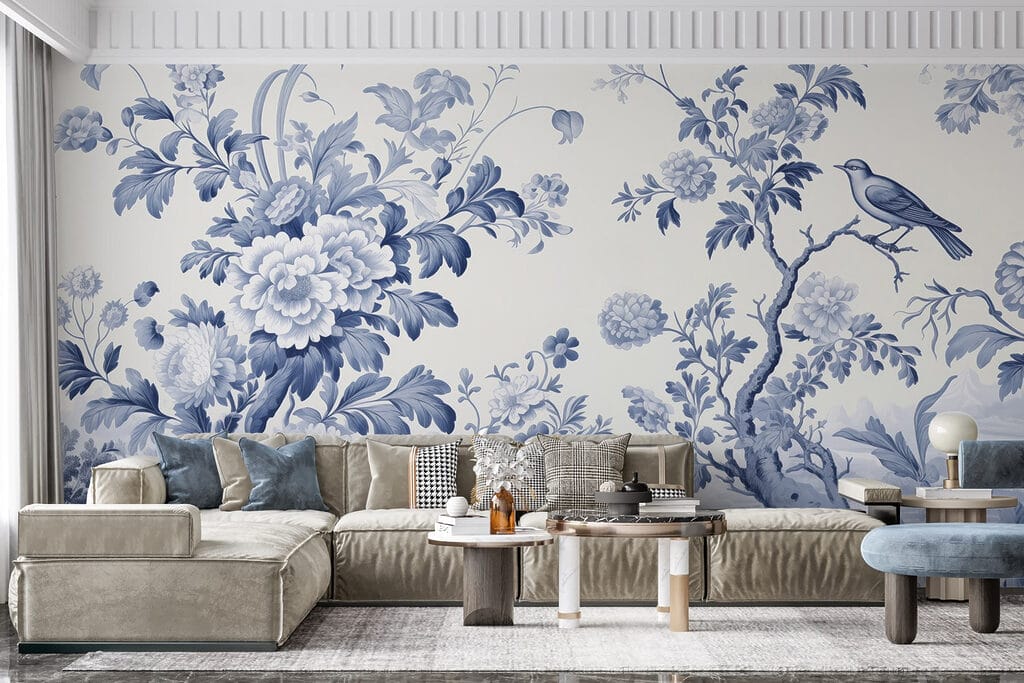 Blauwe vogels tussen bloementakken — interieur 2