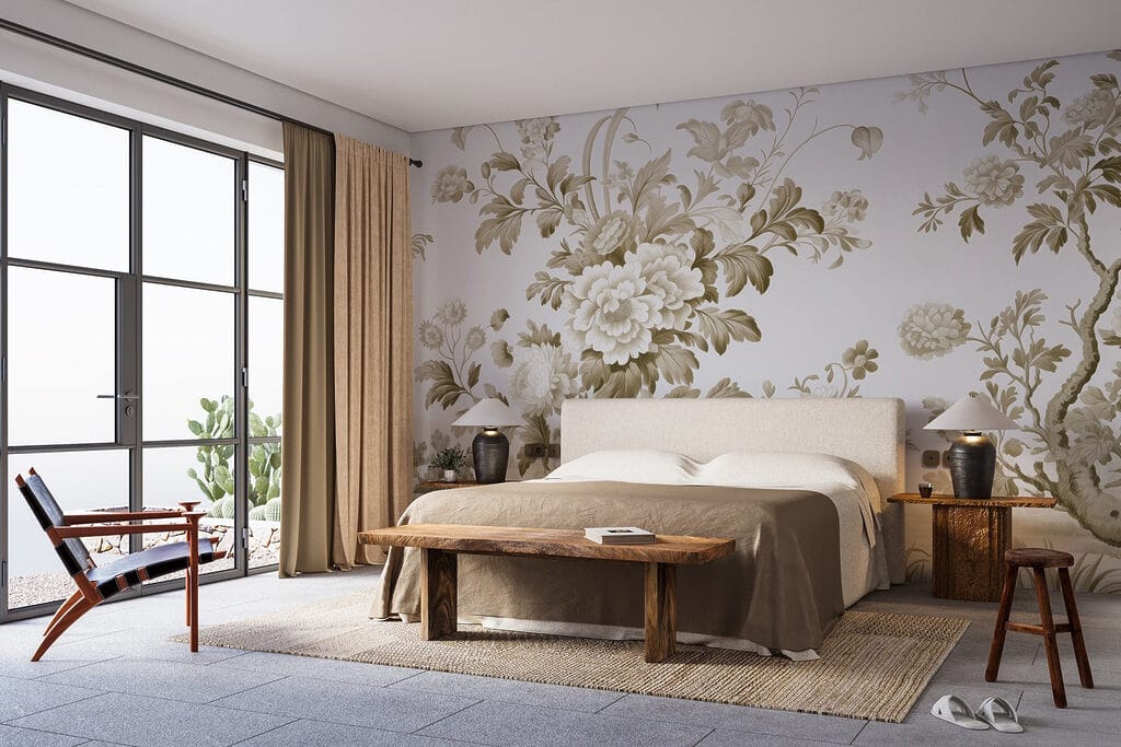 Elegant bloemmotief met een vogel in een interieur