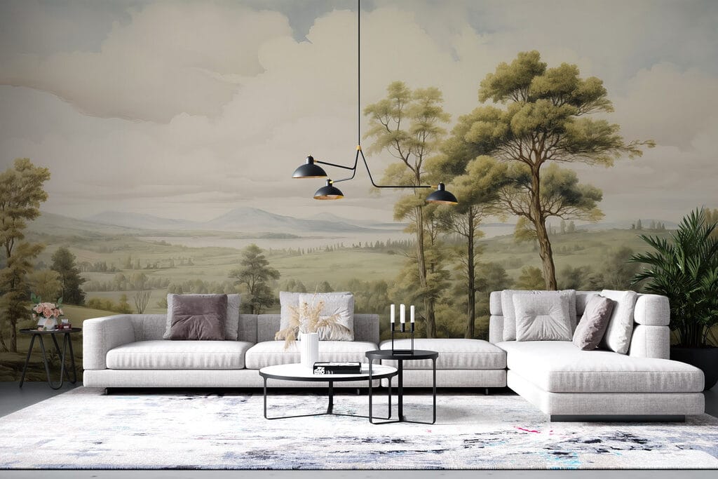 Landschap met bomen en heuvels in een interieur