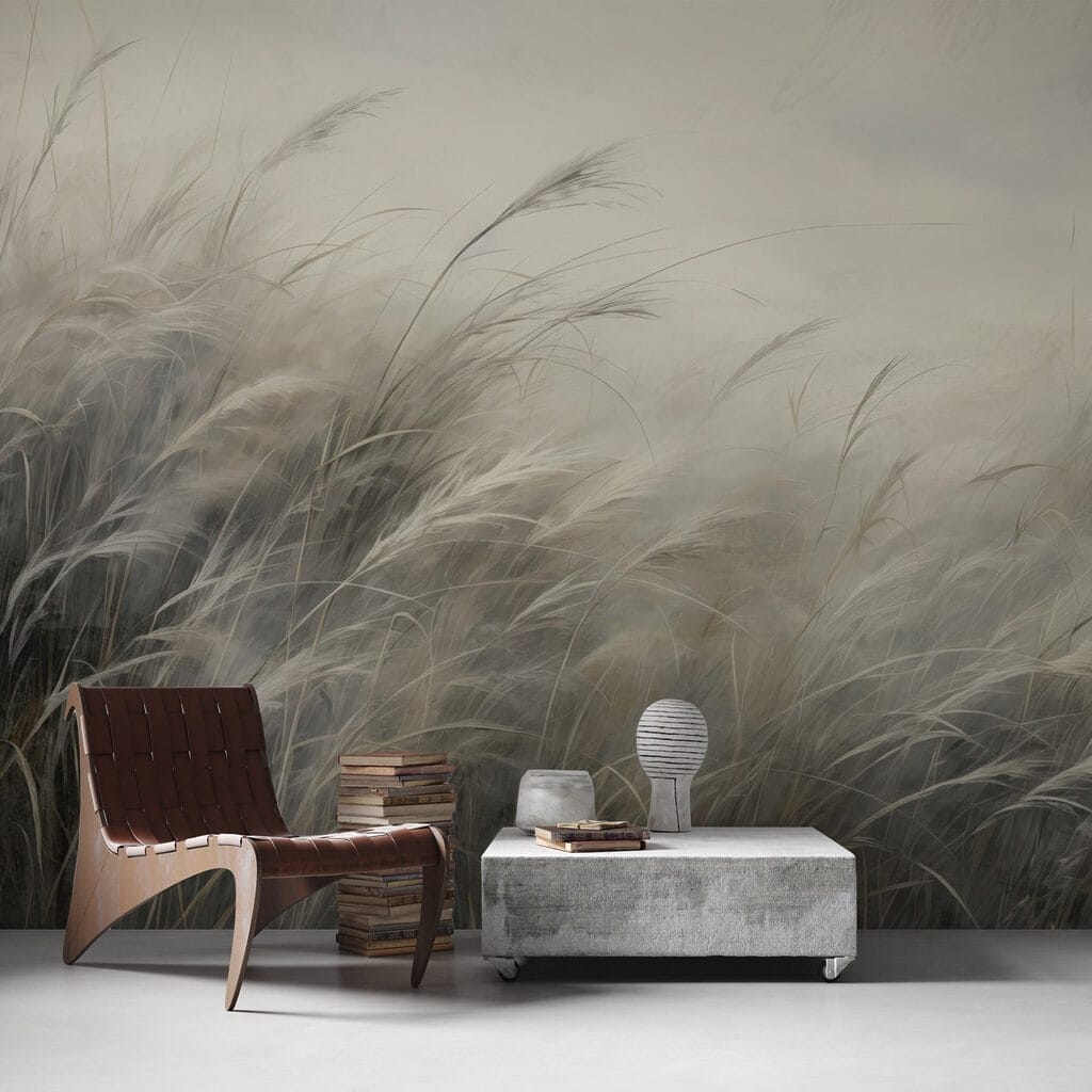 Grassen buigen in nevel — interieur 2