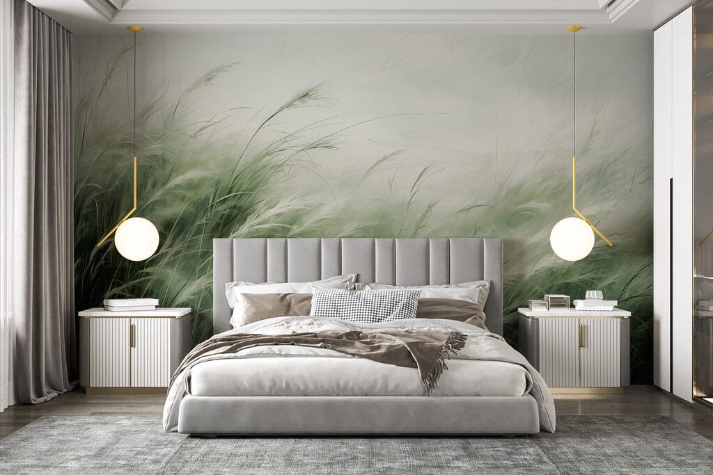 Grasveld met witte wolken in een interieur