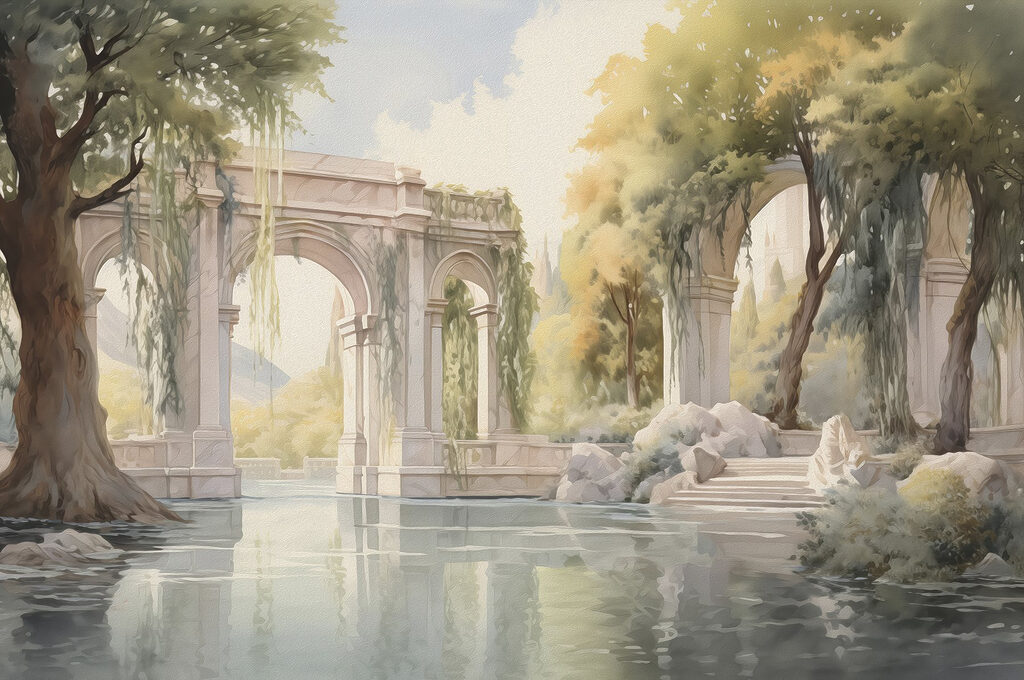 Water met bomen en bogen — volledig ontwerp