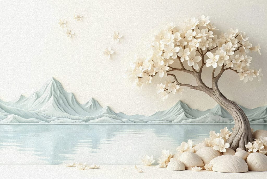 Boom met bloemen en rotsen naast water — volledig ontwerp