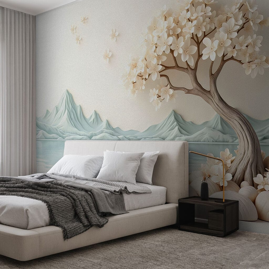 Boom met bloemen en rotsen naast water in een interieur