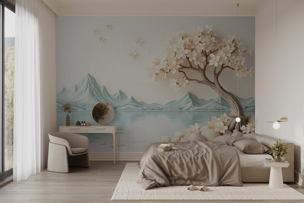 Boom met bloemen en rotsen naast water — interieur 2