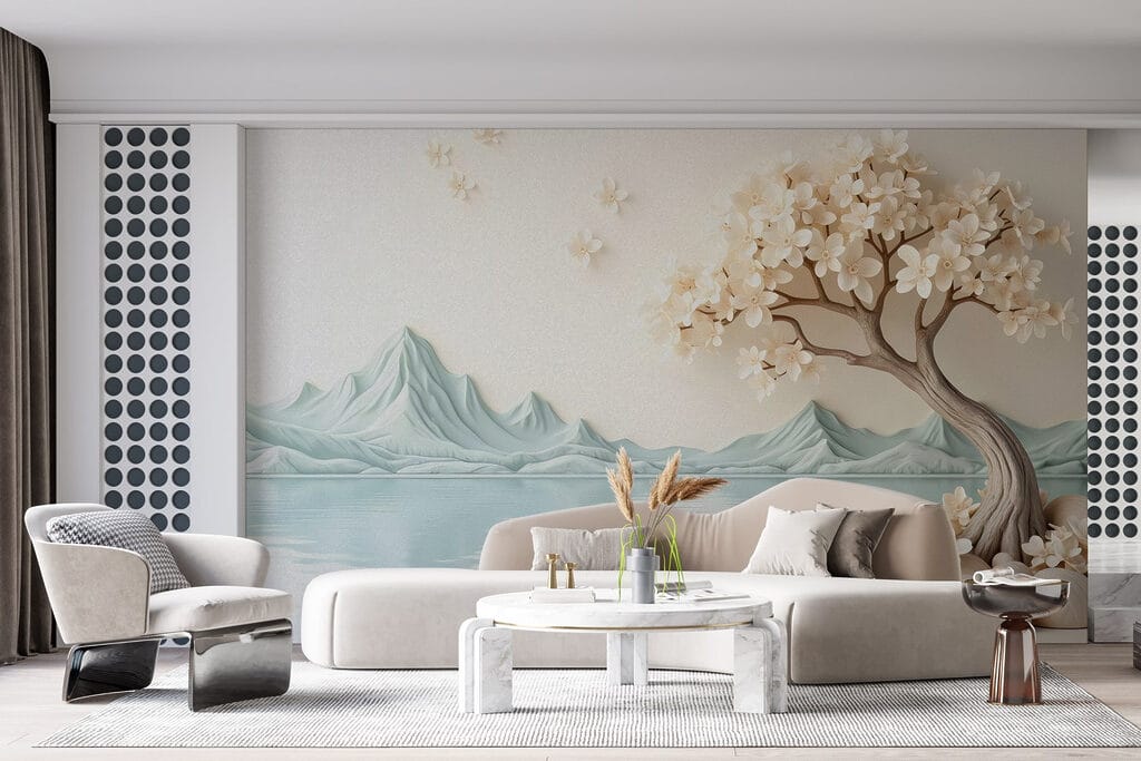 Boom met bloemen en rotsen naast water — interieur 3