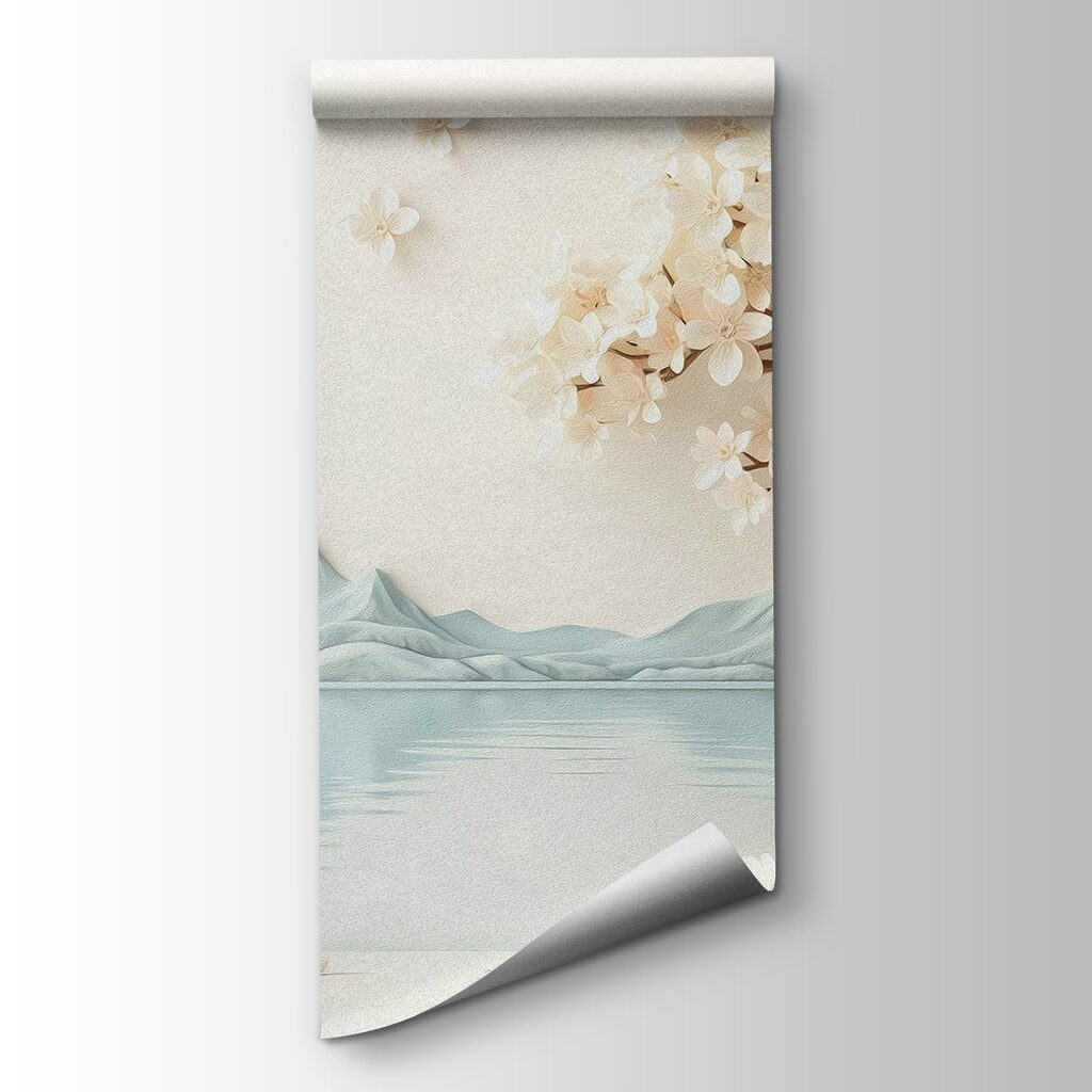 Boom met bloemen en rotsen naast water — productweergave