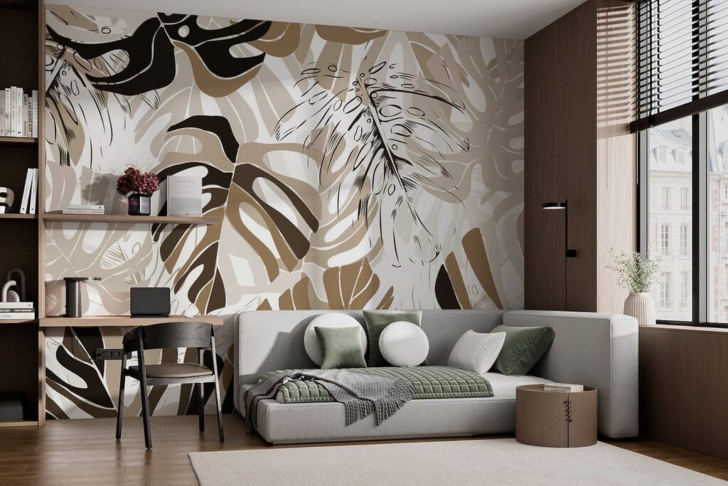 Bladerenpatroon op witte achtergrond in een interieur