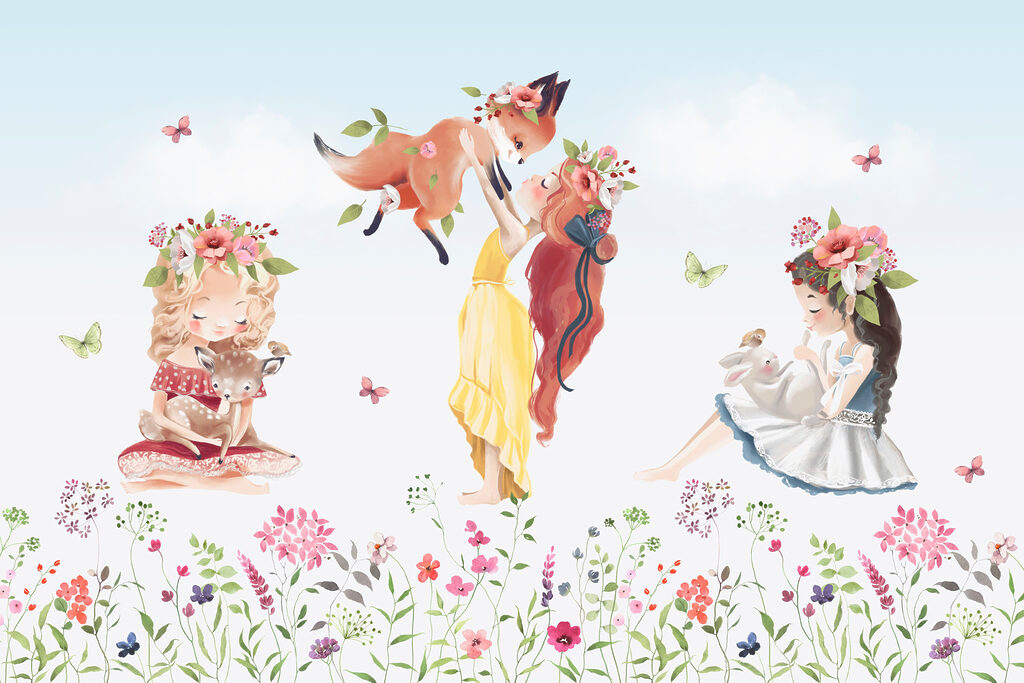 Meisjes boven een bloemenweide — volledig ontwerp