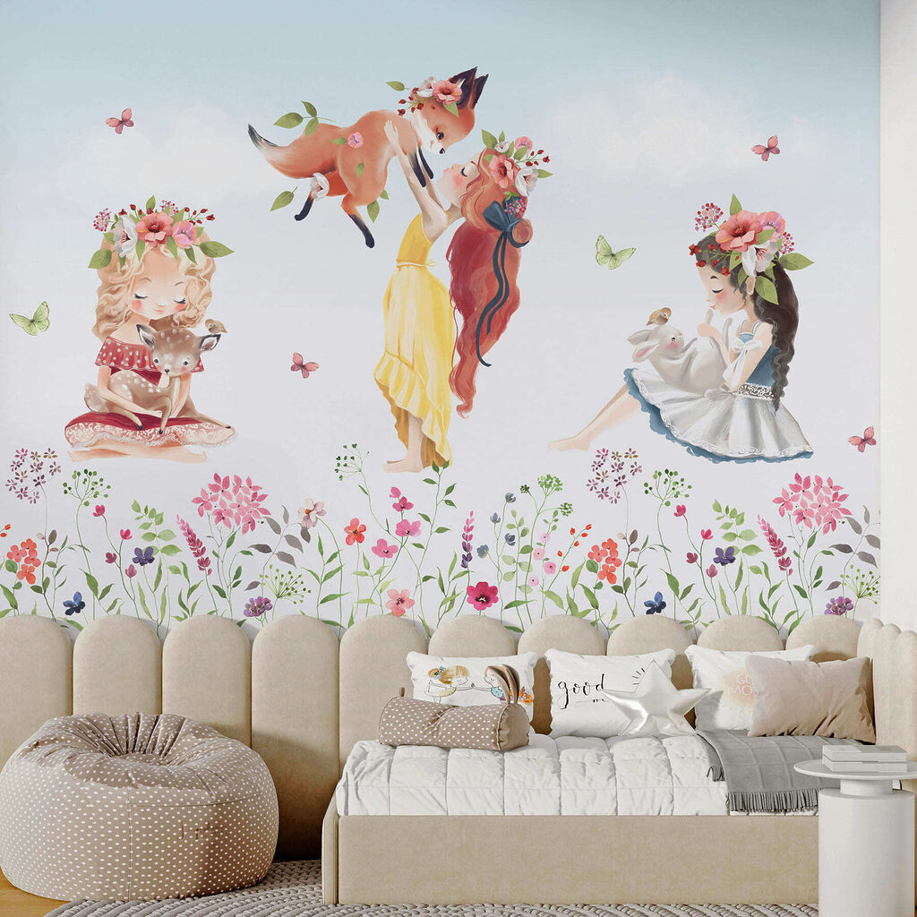 Groep meisjes met dieren in een bloemenveld in een interieur