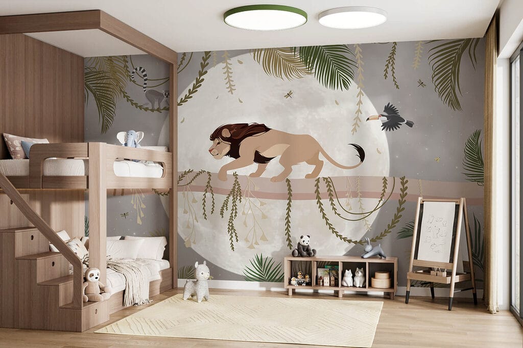 Leeuw op een boomtak in een interieur