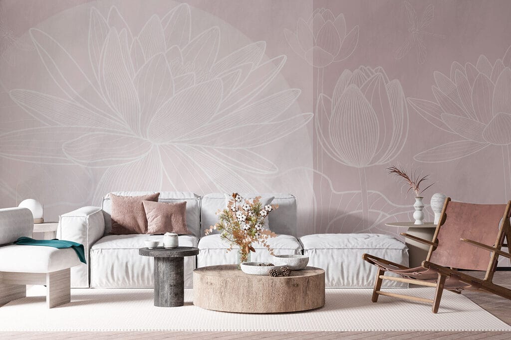 Tekening van witte bloem op grijze achtergrond in een interieur