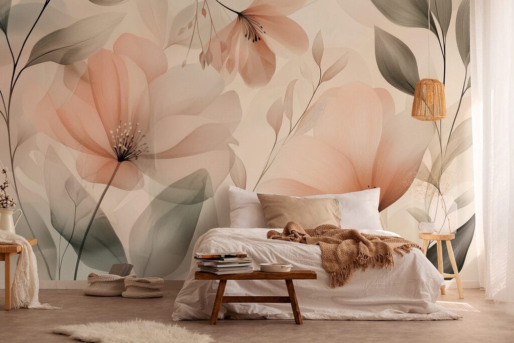 Delicate bloemblaadjes in zachte tinten in een interieur