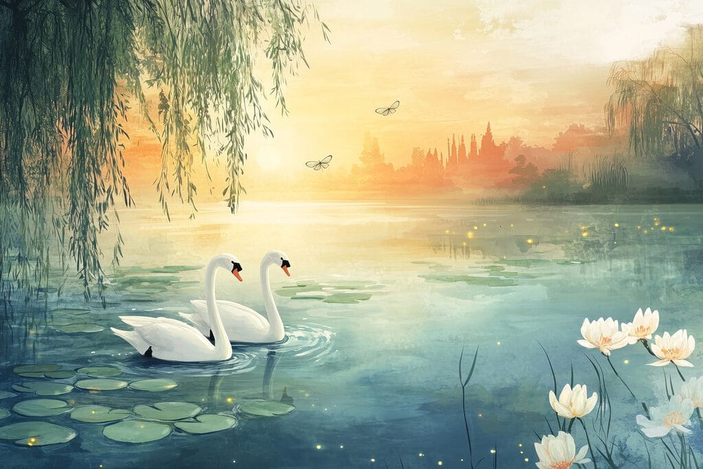 Zwanen bij gouden avondlicht — volledig ontwerp