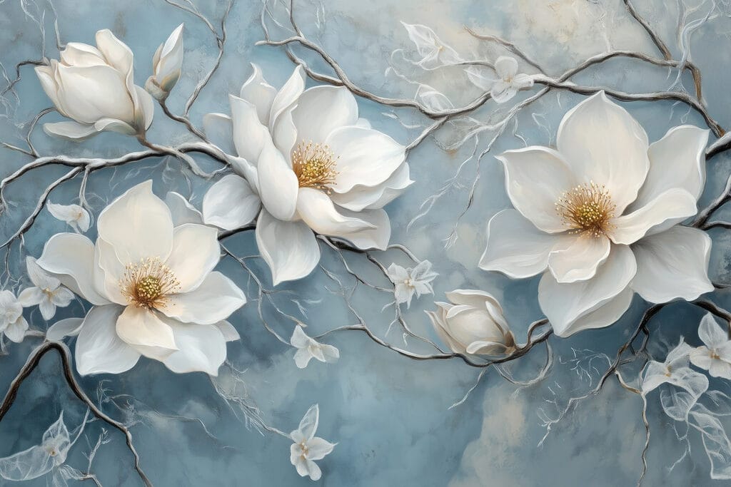 Magnolia op verweerd blauw — volledig ontwerp
