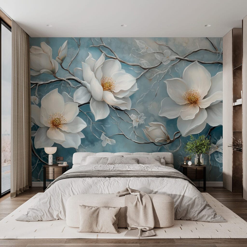 Magnolia op verweerd blauw — interieur 1