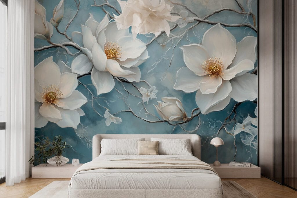 Magnolia op verweerd blauw — interieur 2