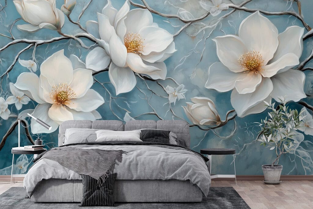Magnolia op verweerd blauw — interieur 3