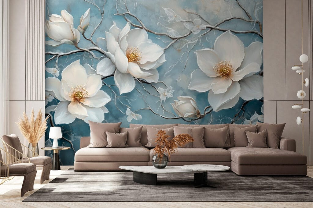 Magnolia op verweerd blauw — interieur 4
