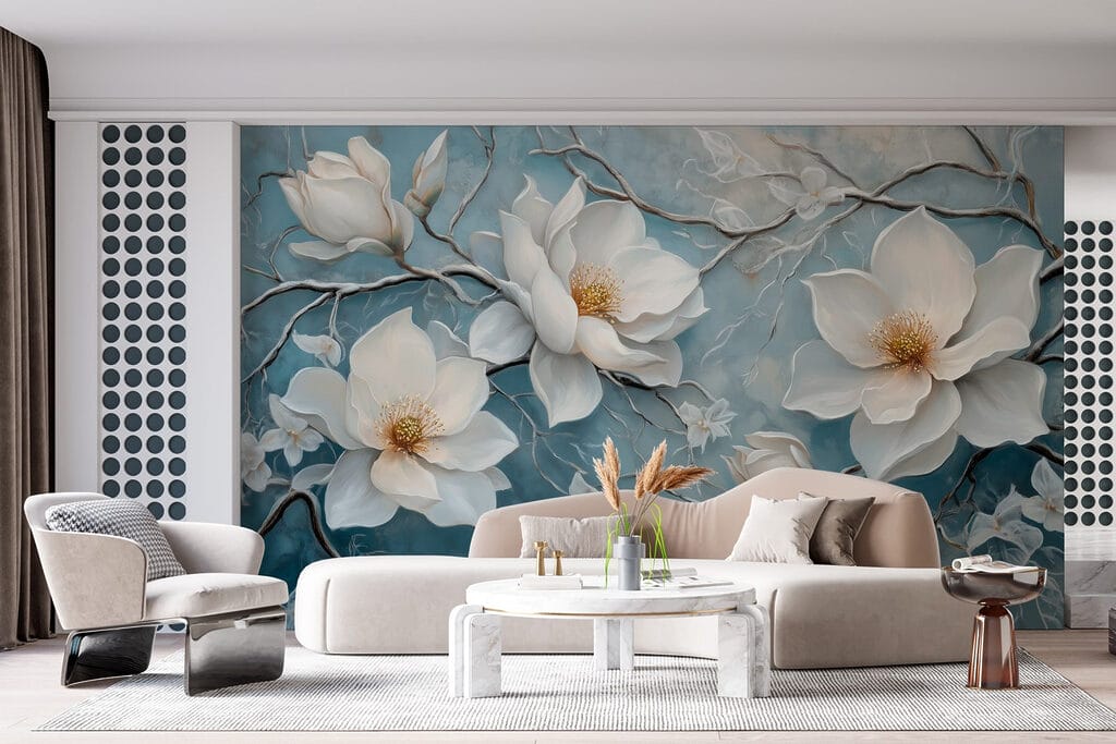 Magnolia op verweerd blauw — interieur 5