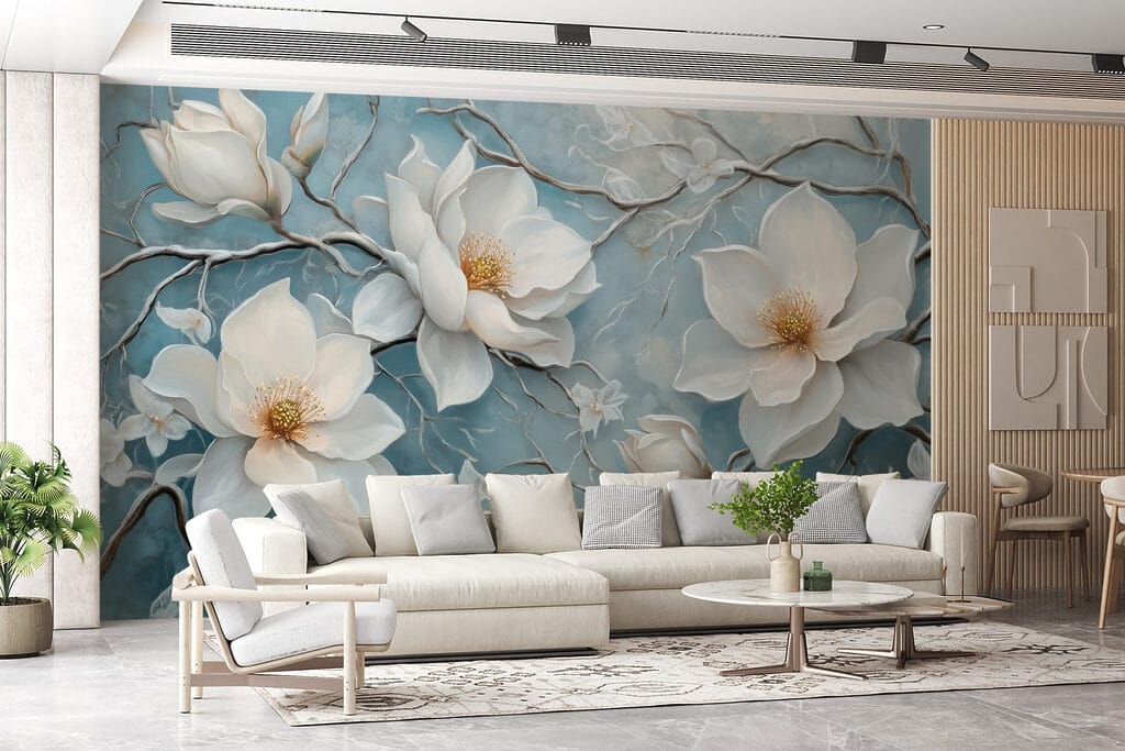 Magnolia op verweerd blauw — interieur 6