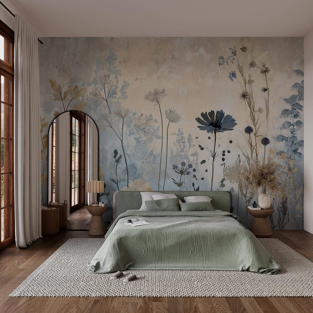 Elegant botanisch ontwerp in zachte tinten in een interieur