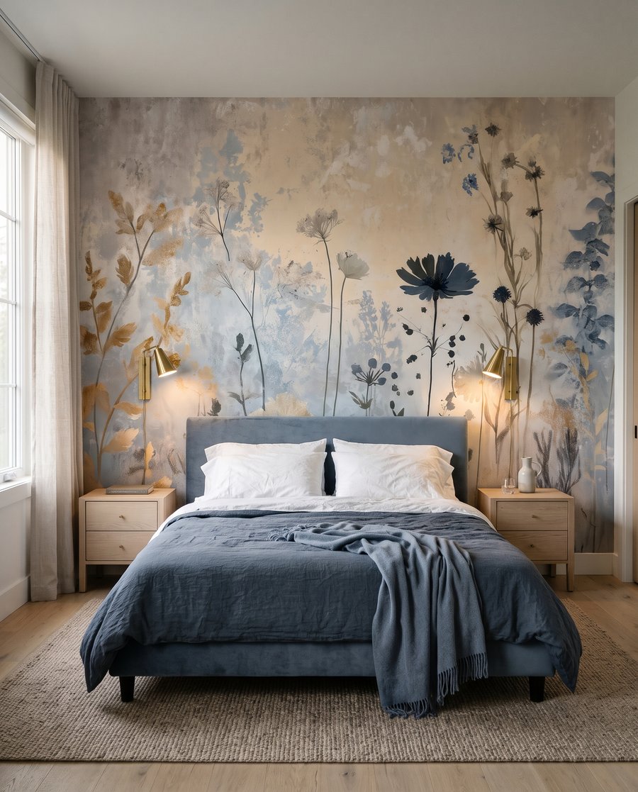 Fijne bloemen op patina in een interieur
