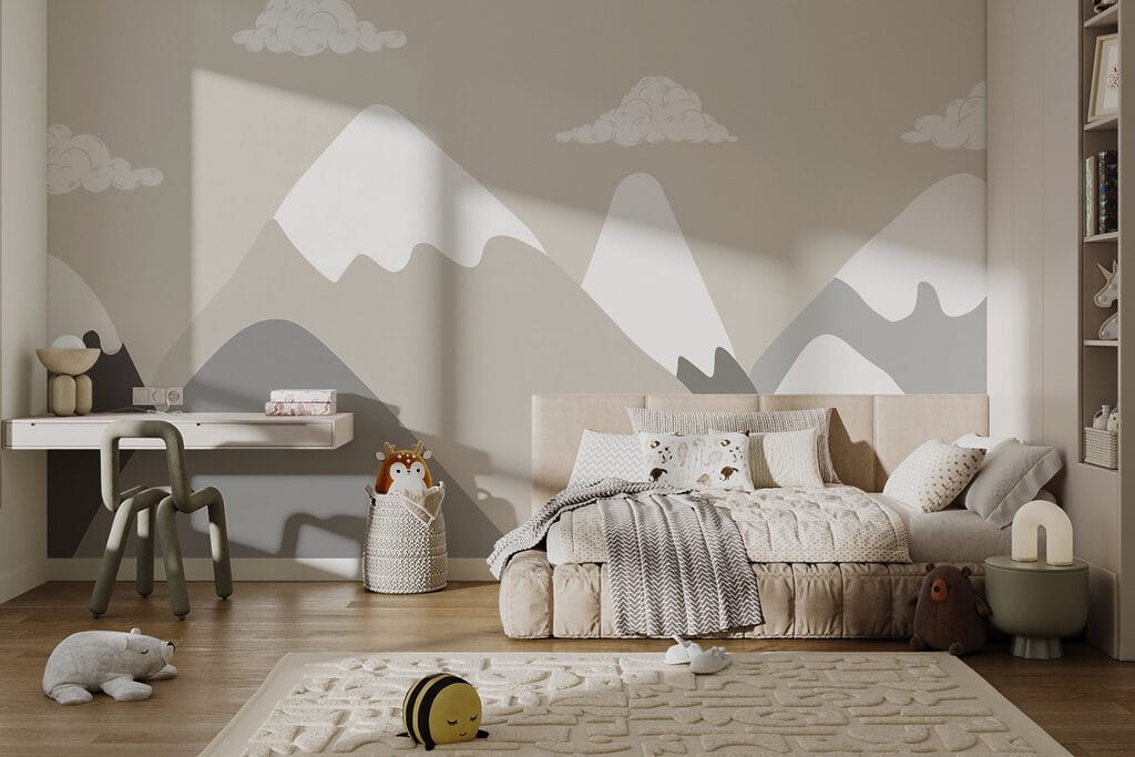Bergketen met wolken in een interieur