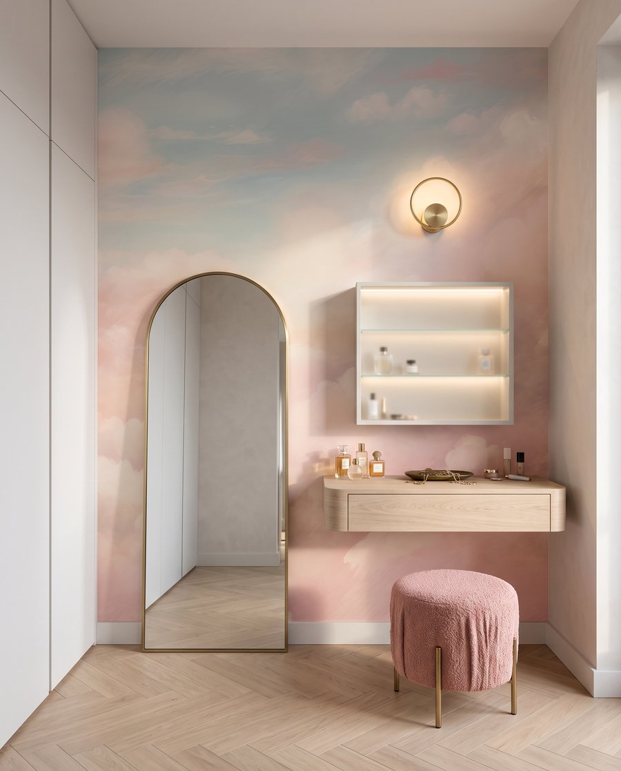 Roze en blauwe lucht met wolken — interieur 4