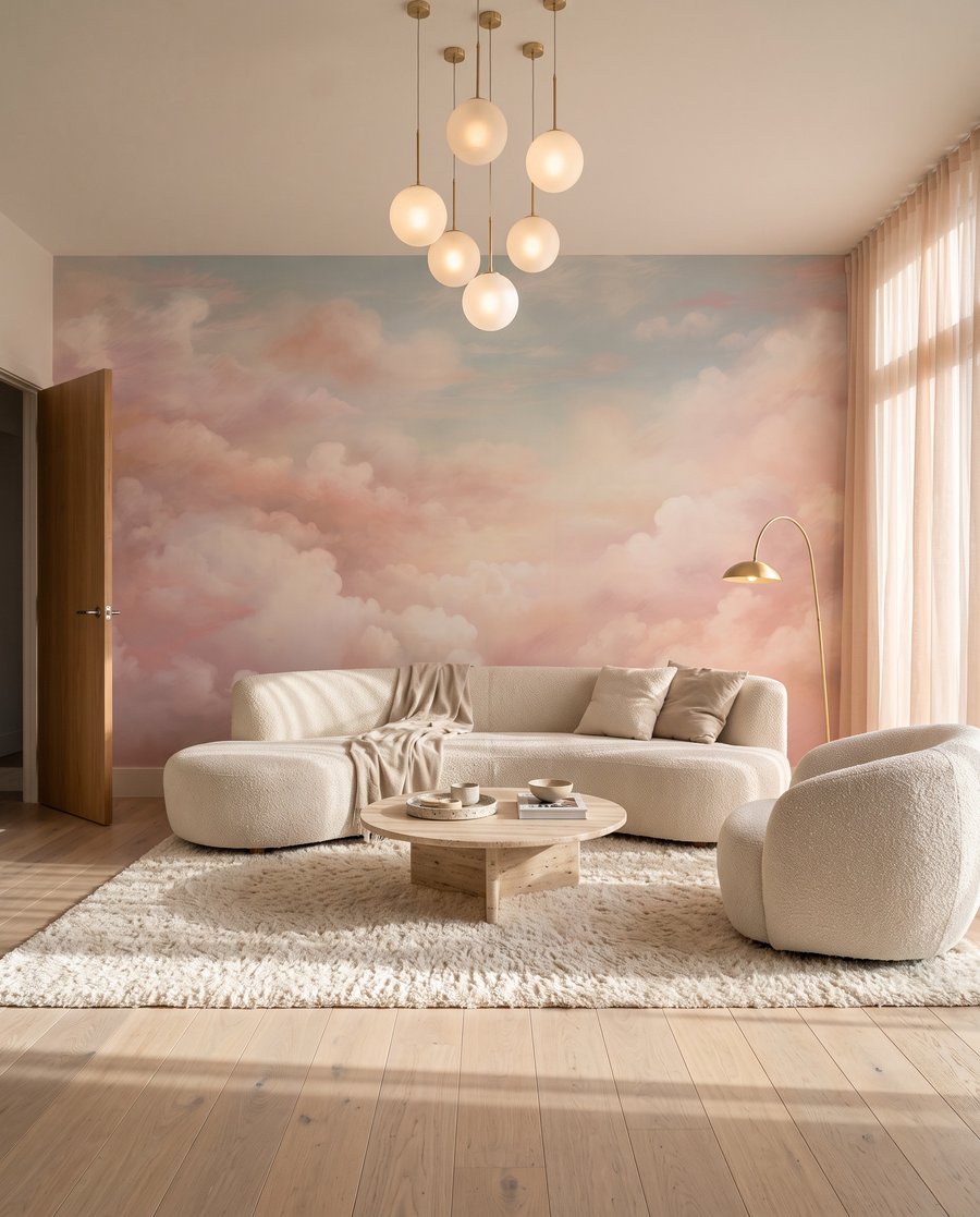 Roze en blauwe lucht met wolken in een interieur