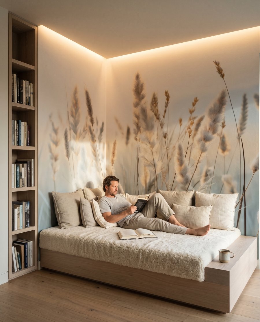 Halmen boven zachtblauw in een interieur