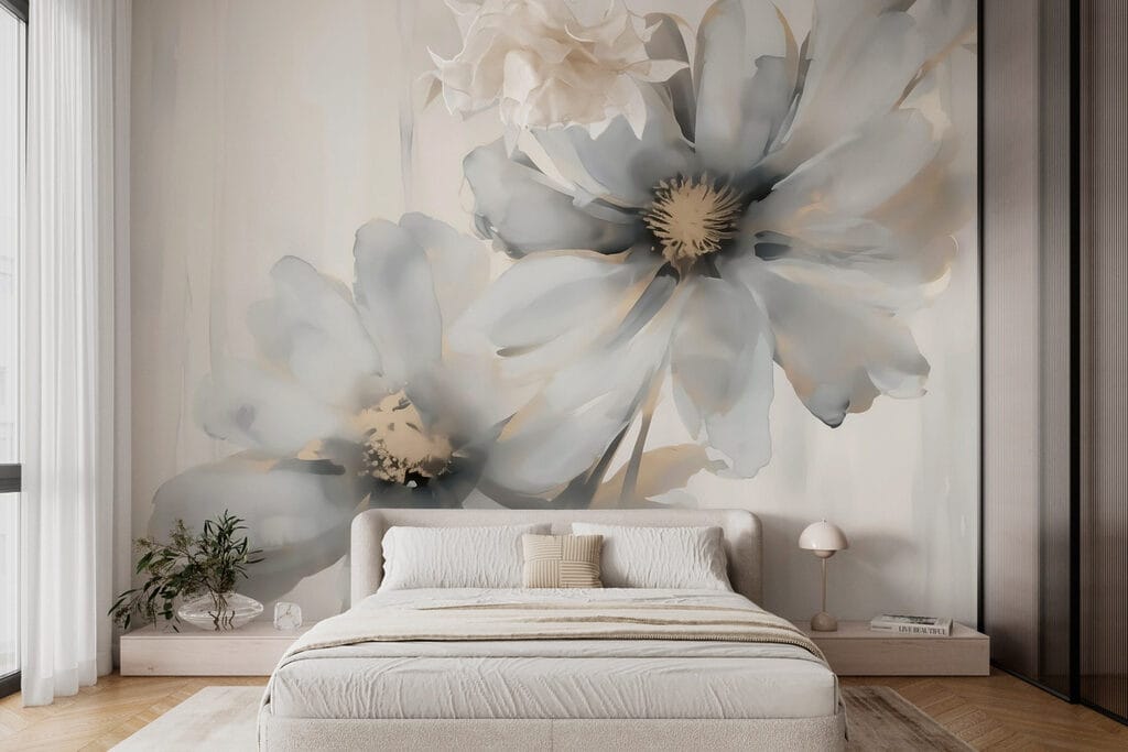 Witte bloemen boven verfdruppels — interieur 1