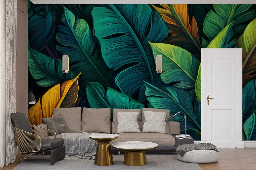 Gele accenten tussen tropenbladeren — interieur 1