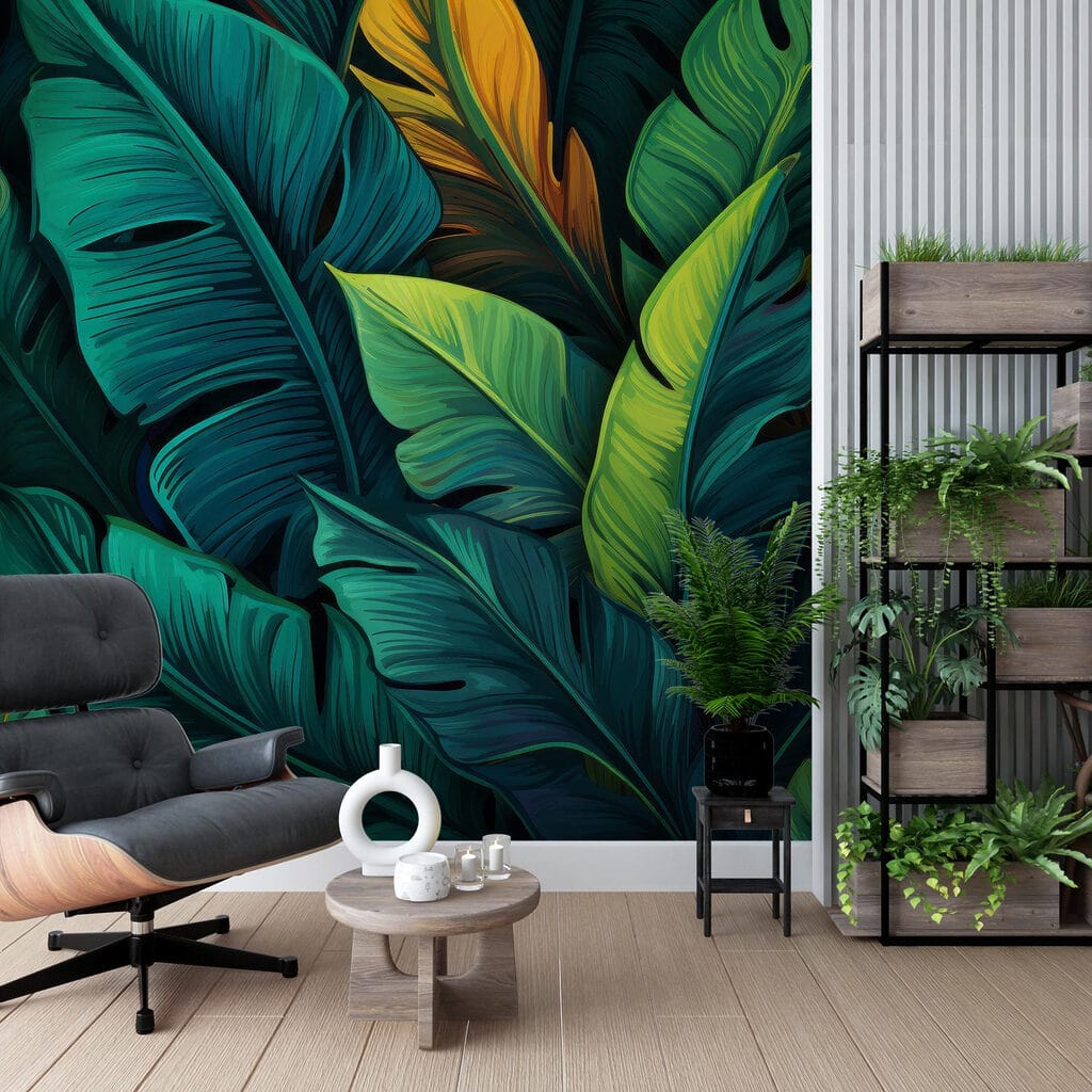 Gele accenten tussen tropenbladeren — interieur 2
