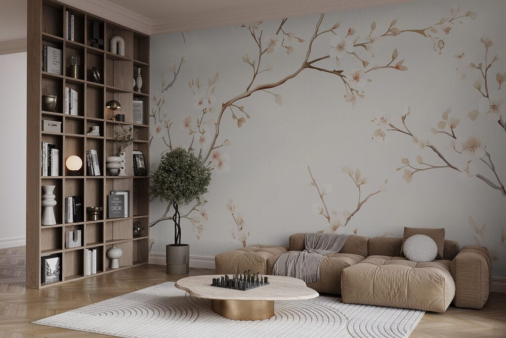 Witte bloesemtwijgen op crème — interieur 1