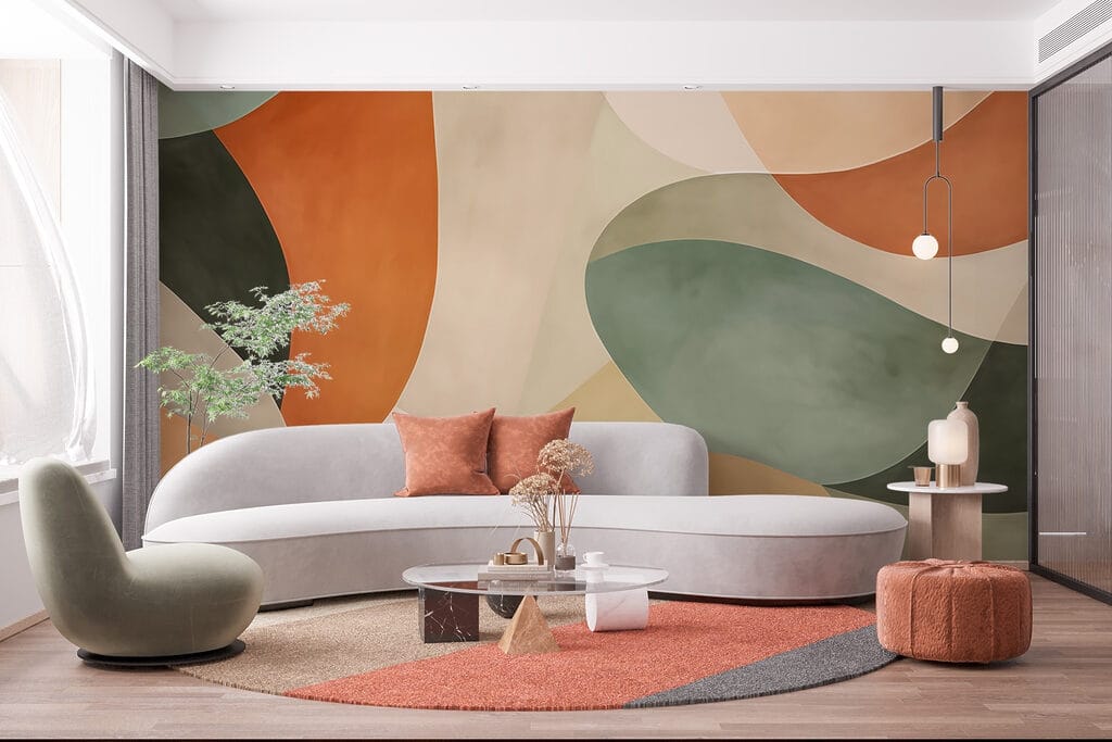 Abstracte compositie in rustgevende kleuren in een interieur