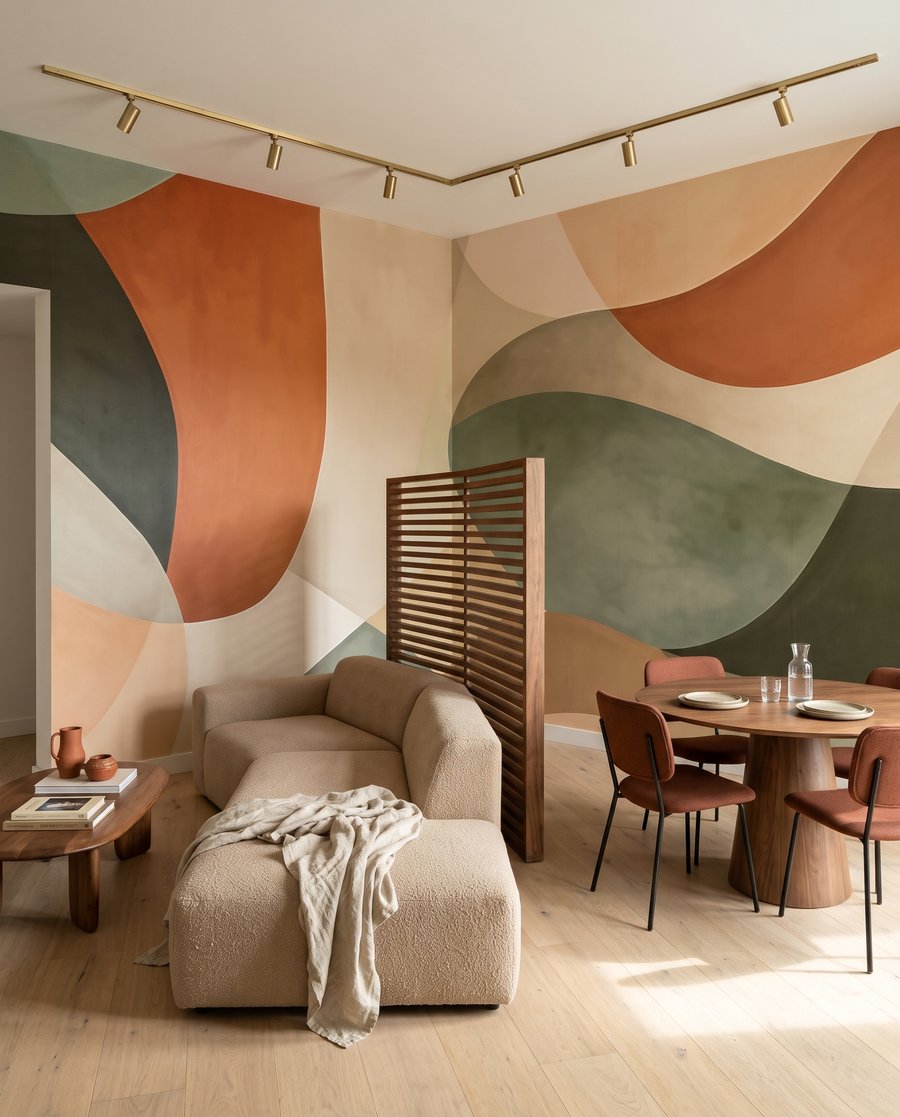 Groene bogen met terracotta in een interieur