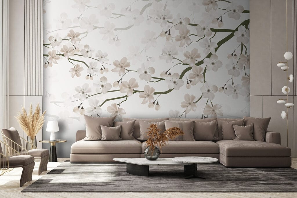 Witte bloemen aan een tak in een interieur