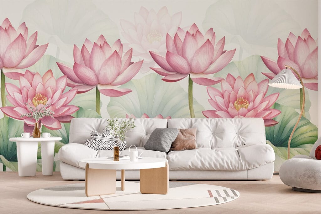 Groep roze bloemen met groene bladeren in een interieur