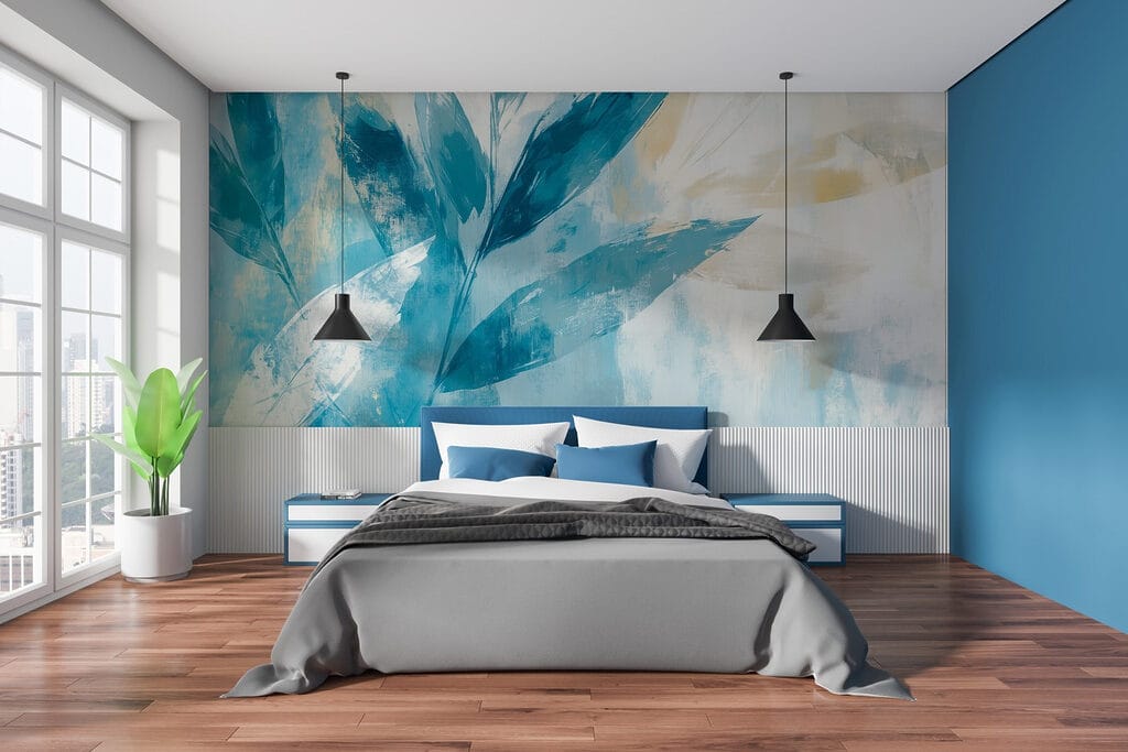 Blauwe bladeren in penseelstreken — interieur 1