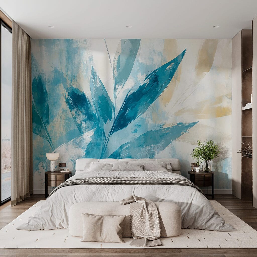 Blauwe bladeren in penseelstreken — interieur 2