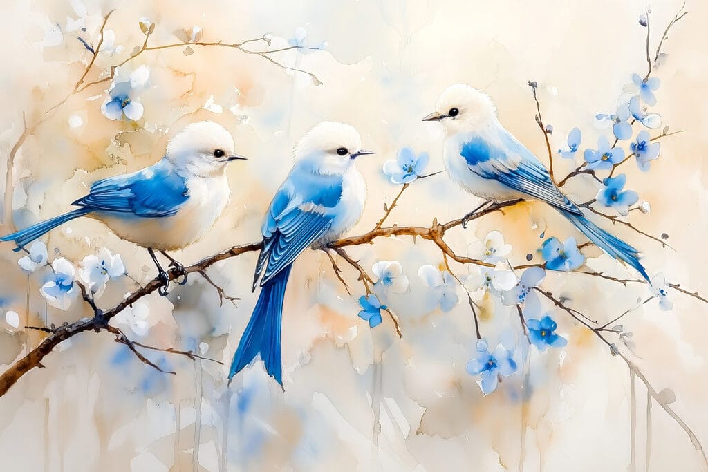 Groep blauwe vogels op een tak — volledig ontwerp