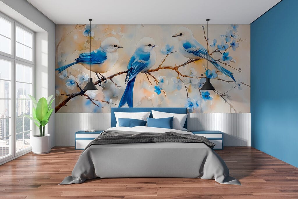 Groep blauwe vogels op een tak — interieur 1